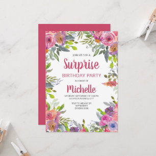 Convites Água-forte Floral Verde Aniversário Rosa Roxo