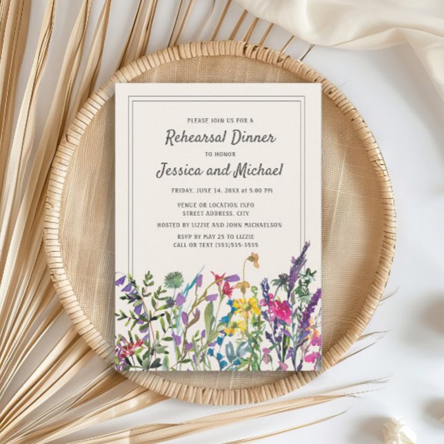 Convites Água-forte Flores Silvestres Creme Casamento Rústi (Wildflower wedding rehearsal dinner invitation)