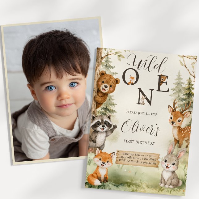 Convites Água-forte Rústico Floresta Selvagem Um Aniversári (Watercolor Rustic Woodland Wild One 1st Birthday Photo Invitation)
