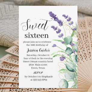 Convites Água Lavanda Roxa Eucalyptus Sweet 16