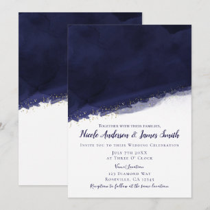 Convites Água Marinha Azul Naval e Dourado Casamento Modern