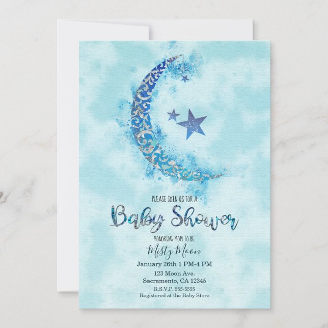 Convites Água-marinha Mística Azul e Prata Meia Lua (Frente)