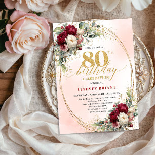 Convites Água-mole Floral Borgonha para 80º Aniversário 