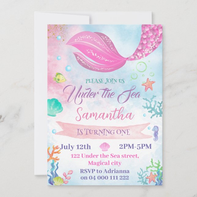 Convites Água Sereia 1rua segundo 3º 5 Aniversário (Frente)