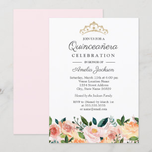 Convites Água-tinta Floral de Bege Rosa Quinceanera