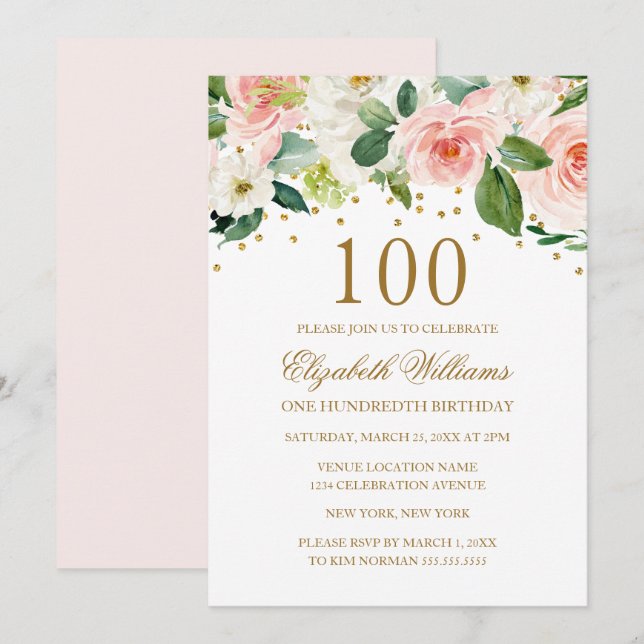Convites Água-tinta Floral em Rosa Dourado para 100º Aniver (Frente/Verso)