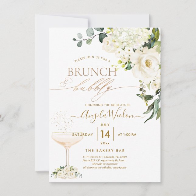 Convites Água-tinta Rosas de Alabastro Brunch Bubbly (Frente)