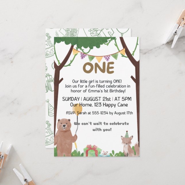 Convites Aguardações de aniversário selvagem: 1 ano de conv (Frente/Verso In Situ)