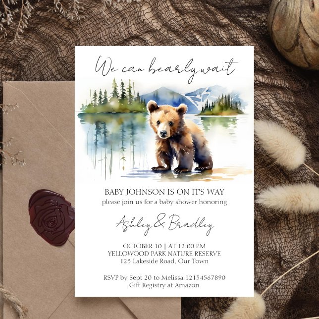 Convites Aguardar cedo a aventura do filhote espera chá de  (Bearly wait adventure national parks themed baby shower editable template invitation download cute)