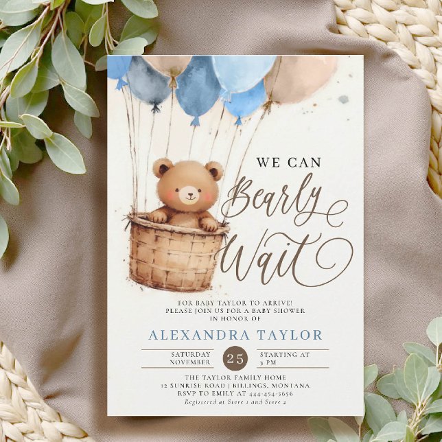 Convites Aguardar Chá de Bebê-Rapaz do Balão de Ar Quente (bearly wait baby shower invitation boy blue brown hot air balloons calligraphy watercolor bear)