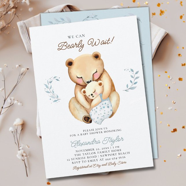 Convites Aguarde Mama Urso Cubo Woodland Chá (we can bearly wait baby boy shower invitation mama bear cub woodland forest cute sweet animal)