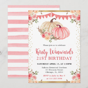 Convites Aguarela Abóboras Florais Rosa Aniversário de 21 a