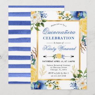 Convites Aguarela Azul e Amarelo Flores Quinceanera