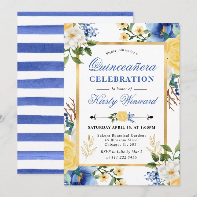 Convites Aguarela Azul e Amarelo Flores Quinceanera (Frente/Verso)