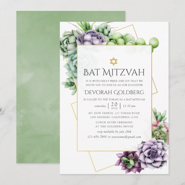 Convites Aguarela Bat Mitzvah Suculenta Geométrica (Frente/Verso)