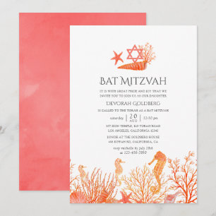 Convites Aguarela Coral Vivo Sob o Mar Bat Mitzvah