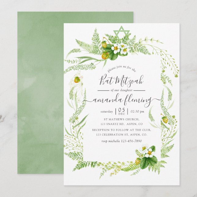 Convites Aguarela Country Rustic Verde Bat Mitzvah (Frente/Verso)