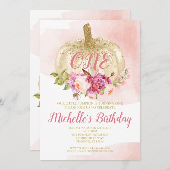 Convites Aguarela do aniversário do ouro do rosa da menina (Frente/Verso)