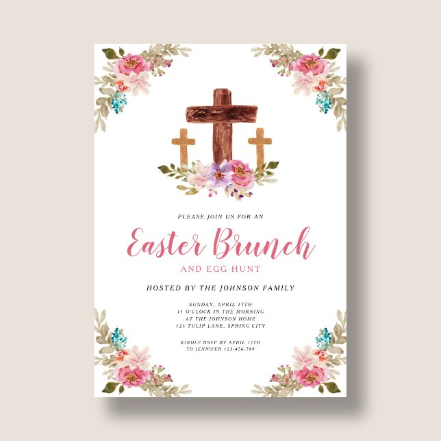 Convites Aguarela Floral Cruz Religiosa Brunch de Páscoa Em (Floral Watercolor Religious Cross Easter Brunch In Invitation)