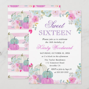 Convites Aguarela Floral de Outono Abóboras Sweet Sixteen