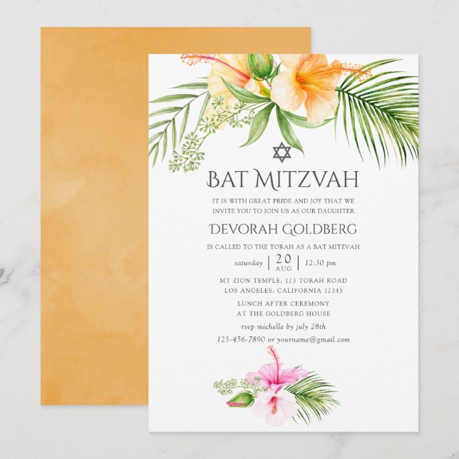 Convites Aguarela Floral Tropical Bat Mitzvah (Frente/Verso)