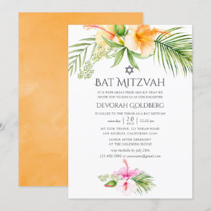 Convites Aguarela Floral Tropical Bat Mitzvah