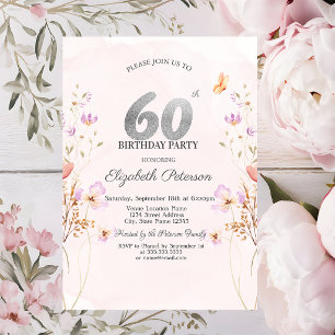 Convites Aguarela Flores Silvestres Lilás Aniversário de 60