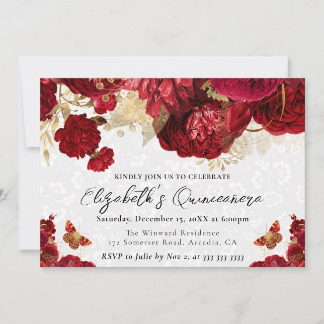 Convites Aguarela Flores Vermelhas e Douradas Quinceanera (Frente)