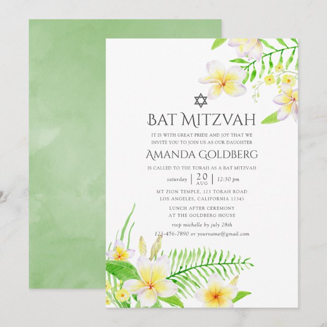 Convites Aguarela Frangipani Tropical Bat Mitzvah (Frente/Verso)