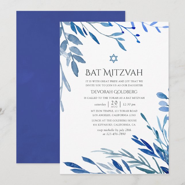 Convites Aguarela Indigo Naval Folhas Bat Mitzvah (Frente/Verso)