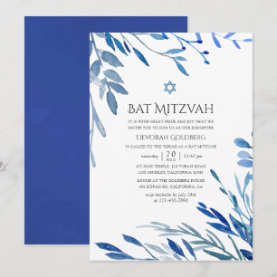 Convites Aguarela Indigo Naval Folhas Bat Mitzvah
