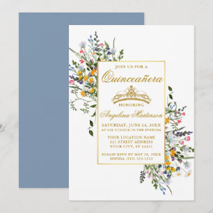 Convites Aguarela Quinceanera Flores Silvestres Azul Empoei