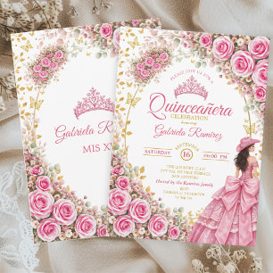 Convites Aguarela Rosas Rosa Brilhante Golden Quinceañera