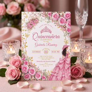 Convites Aguarela Rosas Rosa Brilhante Golden Quinceañera