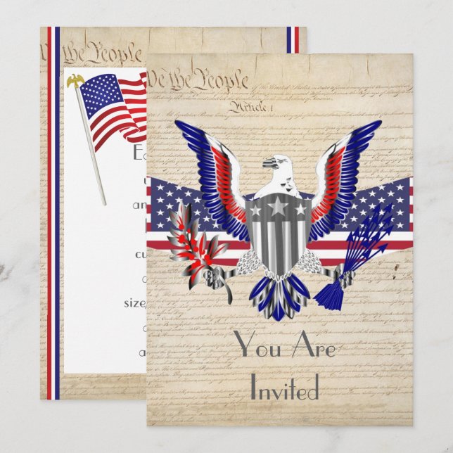 Convites Águia Patriótica Americana, bandeira e Constituiçã (Frente/Verso)