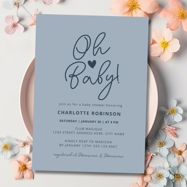Convites Ah Bebê Moderno Simples Chá de Bebê Menino Azul Em (Oh Baby Modern Simple Dusty Blue Boy Baby Shower Invitation)