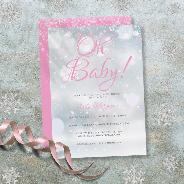 Convites Ah Bebê Primeiros Flocos de Neve Rosa Chuvinha de  (Oh Baby First Snowflakes Pink Baby Shower Invitation)