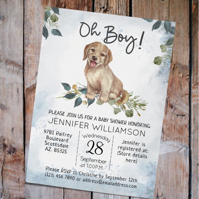 Convites Ah, garoto! Chá de fraldas de Aquarela Moderna Pup (Oh Boy! Labrador Puppy Dog Baby Shower invitation)