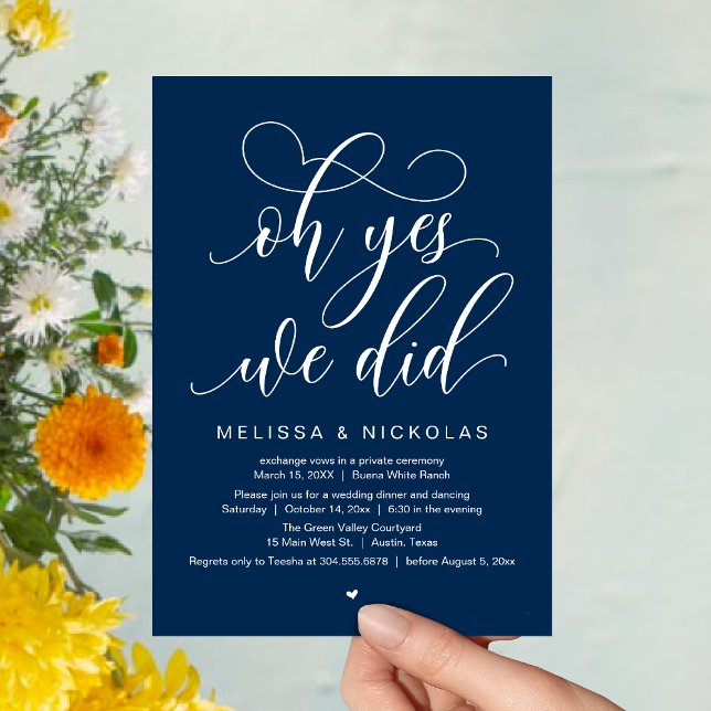 Convites Ah Sim, Nós Fizemos, Festa de Casamento Romântica  (Oh Yes, We Did, Romantic Modern Script Wedding Elopement Party Invitation Card PDF Navy Blue)