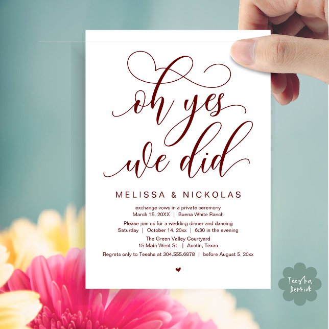 Convites Ah Sim, Nós Fizemos, Festa de Casamento Romântico  (Oh Yes, We Did, Romantic Modern Script Wedding Elopement Party Invitation Card PDF Burgundy Red)