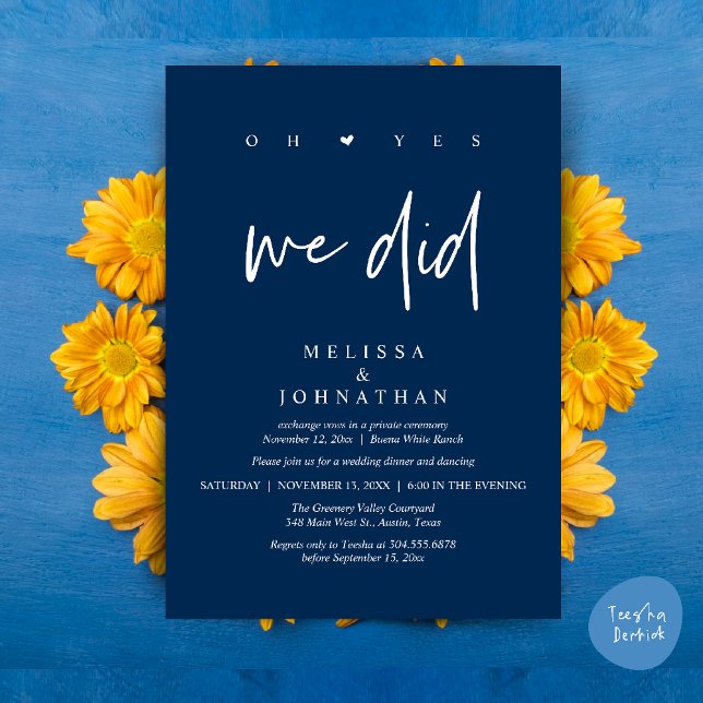 Convites Ah, Sim, Nós Fizemos, Jantar de Casamento Intimo M (Oh Yes, We Did, Modern Wedding Elopement Dinner Modern Clean Invitation Card PDF in Navy Blue)