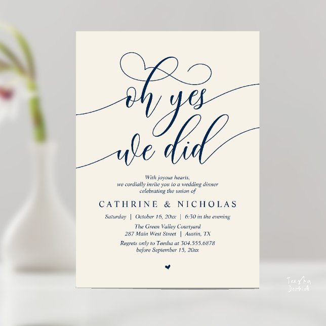 Convites Ah Sim, Nós Fizemos, Jantar de Casamento Moderno c (Oh Yes, We Did, Modern Romantic Wedding Elopement Dinner Invitation Card in Navy Blue and Ivory)