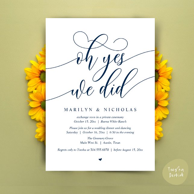 Convites Ah Sim, Nós Fizemos, Jantar de Festa de Casamento  (Oh Yes, We Did, Wedding Elopement Dinner Romantic Modern Party Invitation Card PDF Navy Blue)