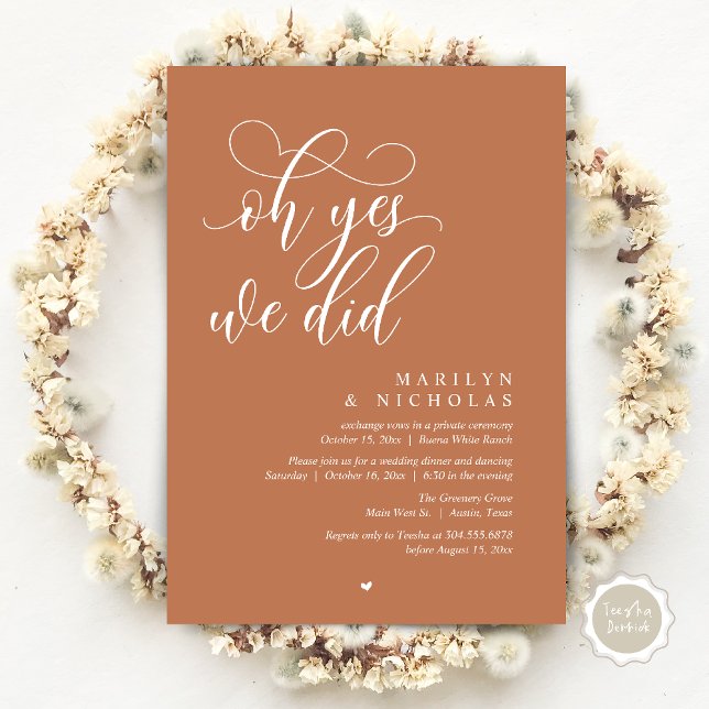Convites Ah Sim, Nós Fizemos, Jantar de Festa de Casamento  (Oh Yes, We Did, Wedding Elopement Dinner Romantic Modern Party Invitation Card PDF Copper Brown)