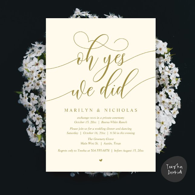 Convites Ah Sim, Nós Fizemos, Jantar de Festa de Casamento  (Oh Yes, We Did, Wedding Elopement Dinner Romantic Modern Party Invitation Card PDF Yellow Gold)