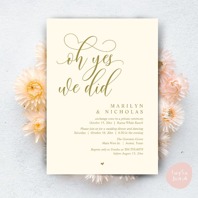 Convites Ah Sim, Nós Fizemos, Jantar de Festa de Casamento  (Oh Yes, We Did, Wedding Elopement Dinner Romantic Modern Party Invitation Card PDF Yellow Gold)