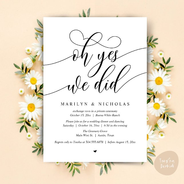 Convites Ah, Sim, Nós Fizemos, Jantar de Fuga para o Casame (Oh Yes, We Did, Wedding Elopement Dinner Romantic Modern Party Invitation Card PDF Black White)