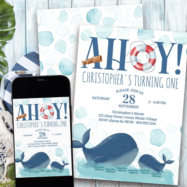 Convites Ahoy Any Age Happy Ocean Whale Birthday (Nautical themed birthday invitation)