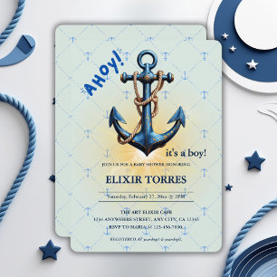 Convites Ahoy Azul Moderno! Chá de fraldas Náutico de Âncor