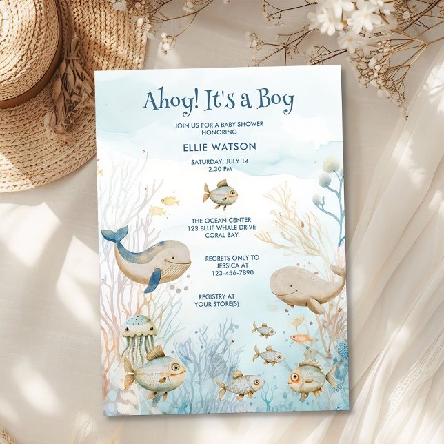 Convites Ahoy é um Chá de fraldas de baleia azul bege azul (Ahoy its a Boy invitation from the Whale Baby Shower Collection by Darling & May)